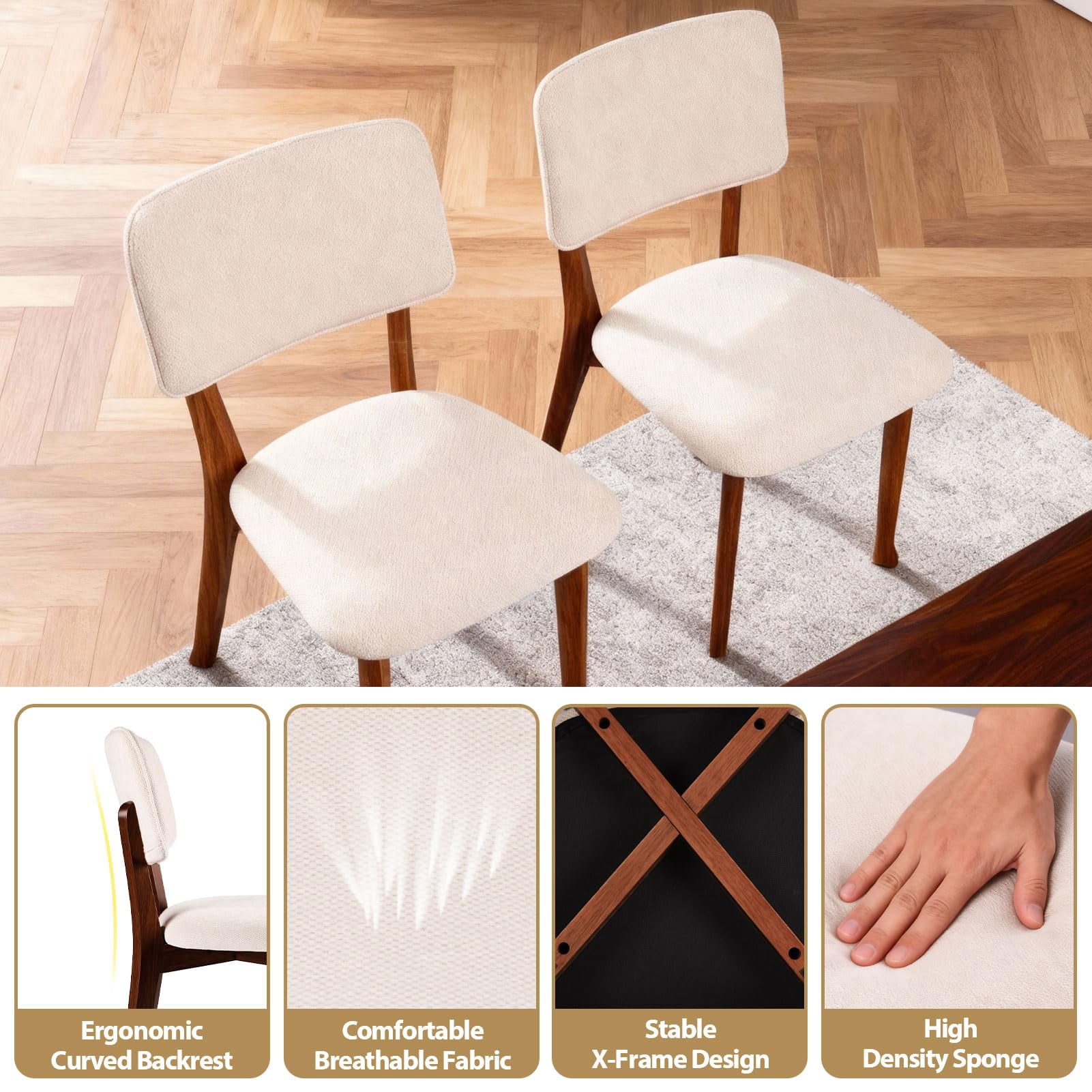 Wooden Dining Chairs Set of 2, Fabric Upholstered Kitchen Chairs with Curved Backrest, 300LBS Capacity