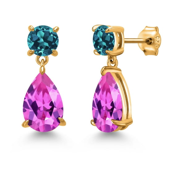 Gem Stone King 18K Yellow Gold Plated Silver Pink Created Sapphire and London Blue Topaz Earrings for Women | 9.46 Cttw | Gemstone September Birthstone | Pear Shape 12X8MM