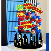 Superhero Theme Birthday Cake Decoration Set - 3D City Silhouette Explosion Dialog Insert Cards