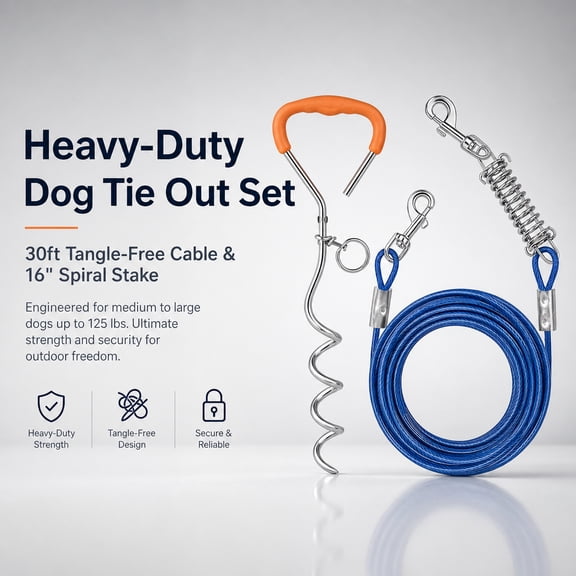 Dog Tie Out Cable and Stake, 30ft Leash Chain Lead with Swivel Hook and Shock Spring for Yard Outside Camping, 16 inch Heavy Duty Spiral Ground Stake for Medium Large Dogs Up to 125 Lbs