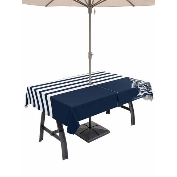 Outdoor Tablecloth with Umbrella Hole for Patio/Picnic/Party/Camping, Navy Blue Waterproof Table Cloth Rectangle Table Cover Washable, Nautical Coastal Sea Abstract Art (52"x 70")