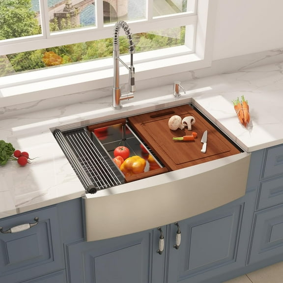 30inch Farmhouse Sink, 30" x 22" Stainless Steel Workstation Kitchen Sink, Ledge Kitchen Sink Single Bowl Apron front Kitchen Sink with Integrated Ledge