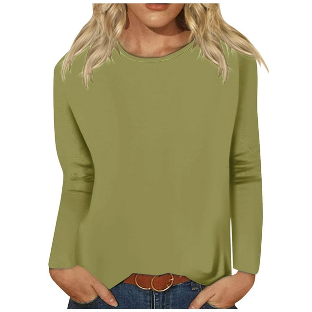 Timegard Womens Tops Long Sleeve Round Neck Solid Color Basic Tee Fall Casual Comfy Loose Tops Blouse