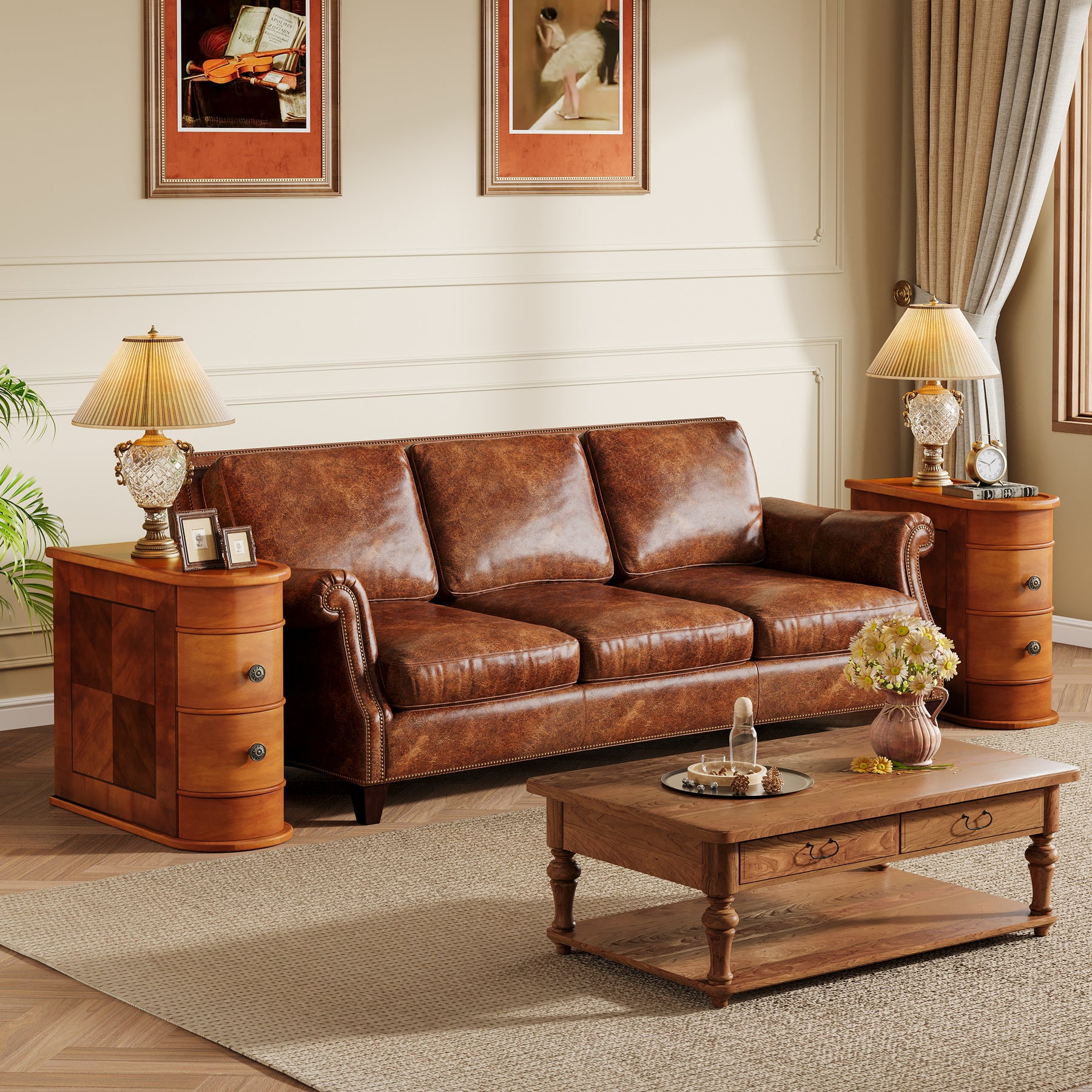 Fnova Solid Wood End Table with 2 Drawers, No Assembly Required, Side Tables for Living Room, Bedroom, Walnut