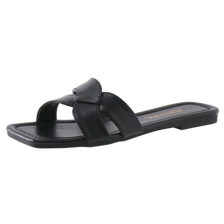 

Pimfylm Bunny Slippers Leather Slipper Summer Comfortable Vintage Casual Beach Open Toe Slip on Mules Wedge Sandals Black 7