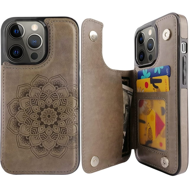 Compatible pour iPhone iPhone X/TP Étui Portefeuille avec Porte-Cartes, Étui Mandala Embossé en Similicuir avec Béquille et Fentes pour Cartes, Étui de Téléphone à Rabat Mince et Souple Fait à la Main Antichoc, Gris