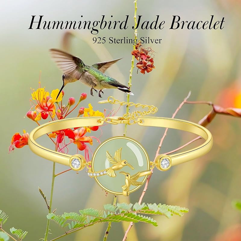 JKR Jade Bracelet for Women 14k Plated Sterling Silver Lotus/Sunflower/Tree of Life/Hummingbird/Dragonfly/Bee/Butterfly/Cat Jade Jewelry Birthday Mothers Day Gifts for Mom Grandma