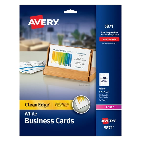 Clean Edge Business Cards, Laser, 2 X 3.5, White, 200 Cards, 10 Cards/sheet, 20 Sheets/pack | Bundle of 5 Packs