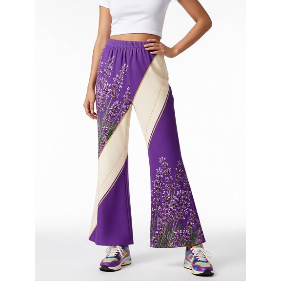 11-12Y Girls Colored Flared Pants Digital Print Trousers Slim-Fit Wide Leg Flare for Spring Summer Autumn