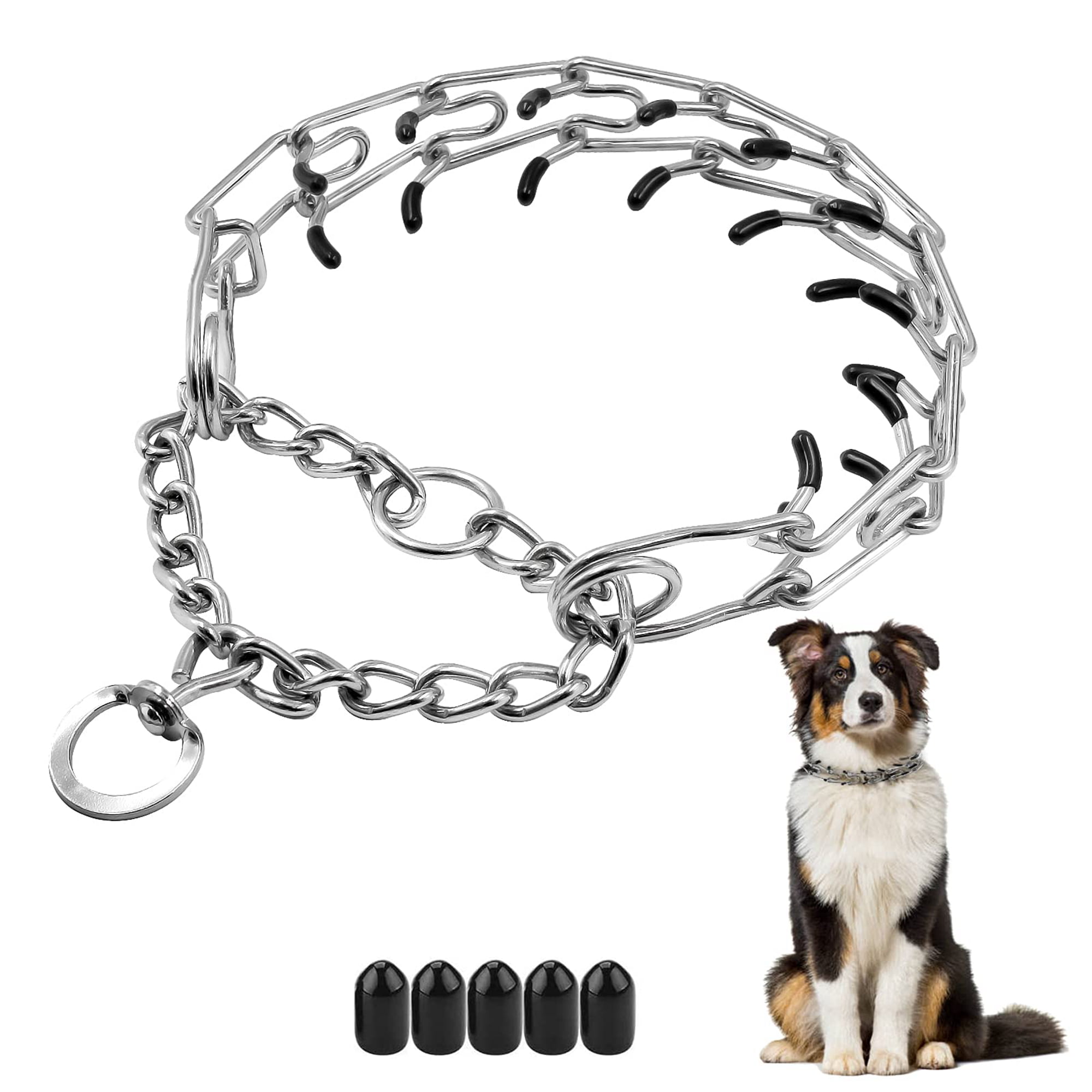 Pinch Collar for Dogs with Metal Dog Leash Adjust Stainless Steel Links No Pull Choker Dog Collar w/ Quick Release Snap Buckle Prong Collar for Dogs Rubber Tips Choke Collar for Small Large Dogs 