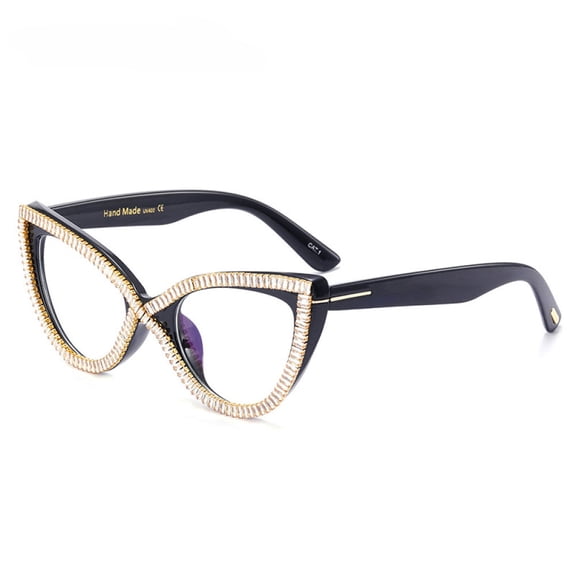 Women Cat Eye Anti-blue Light Glasses Frame Stylish White Diamond Black Eyeglasses Frame 55-22-145mm