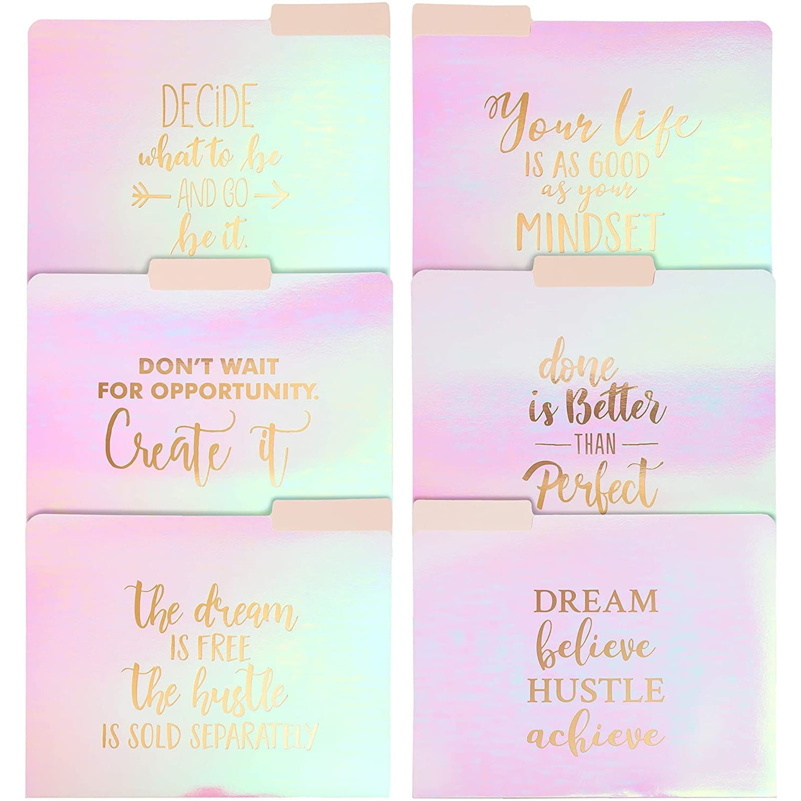 12 Pack (2 of Each) Motivational Iridescent File Folders, Letter Size (9.5 x 11.5 inches), Durable Cardstock Pink with Rose Gold Foil, 6 Designs