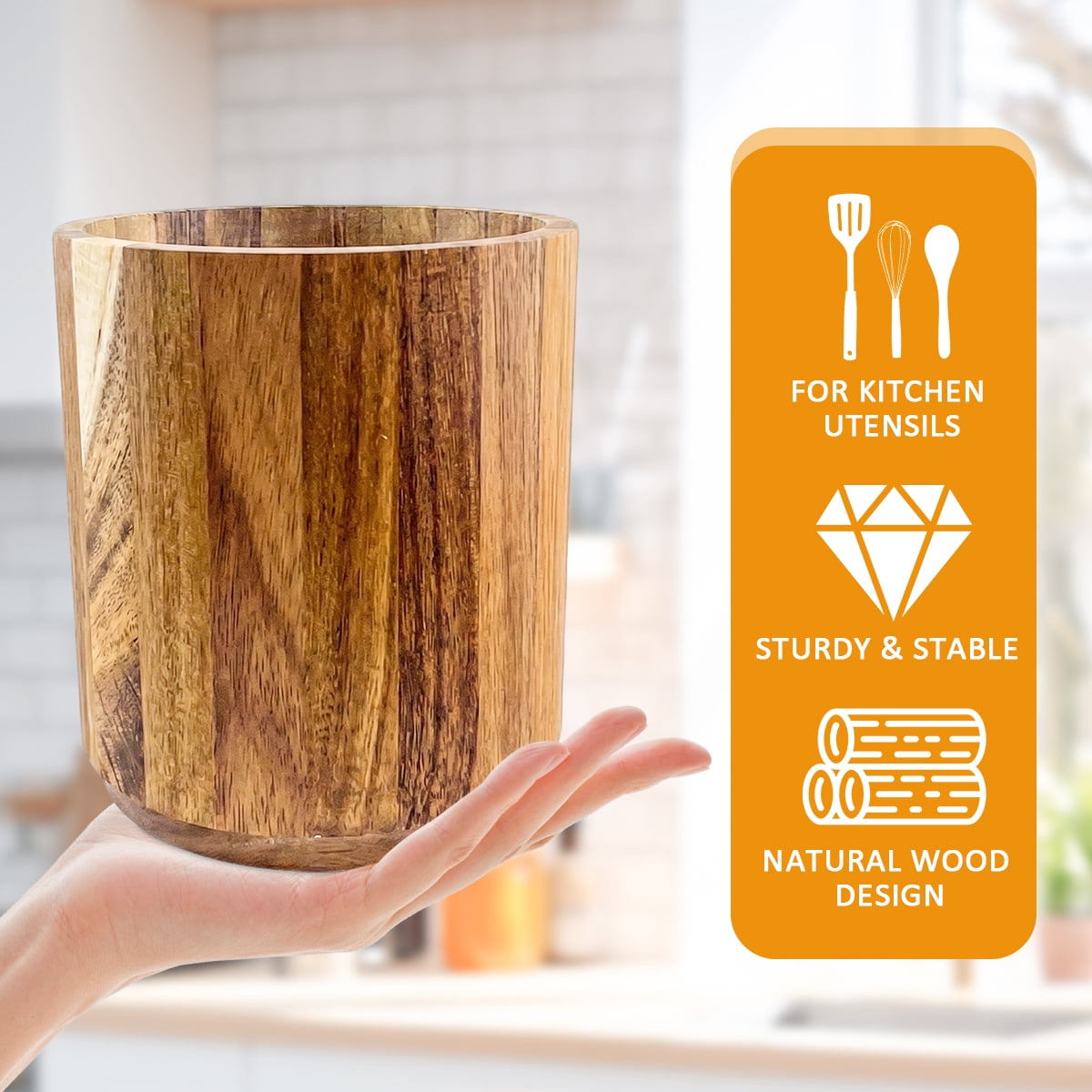 Utensil Holder, 360° Rotating Acacia Wooden Cooking Utensil Crock Utensil Organizer Farmhouse Decor for Kitchen Counter