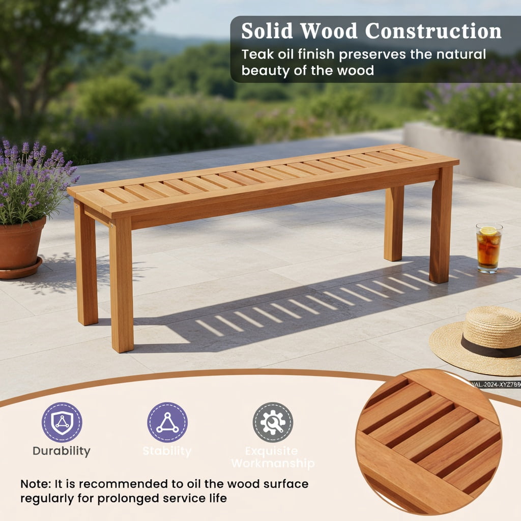 Hommoo 47" Teak Wood Patio Bench for 2 People, Solid Wood Outdoor Garden Bench with Slatted Seat, Weather-Resistant Finish, Easy Assembly, Natural