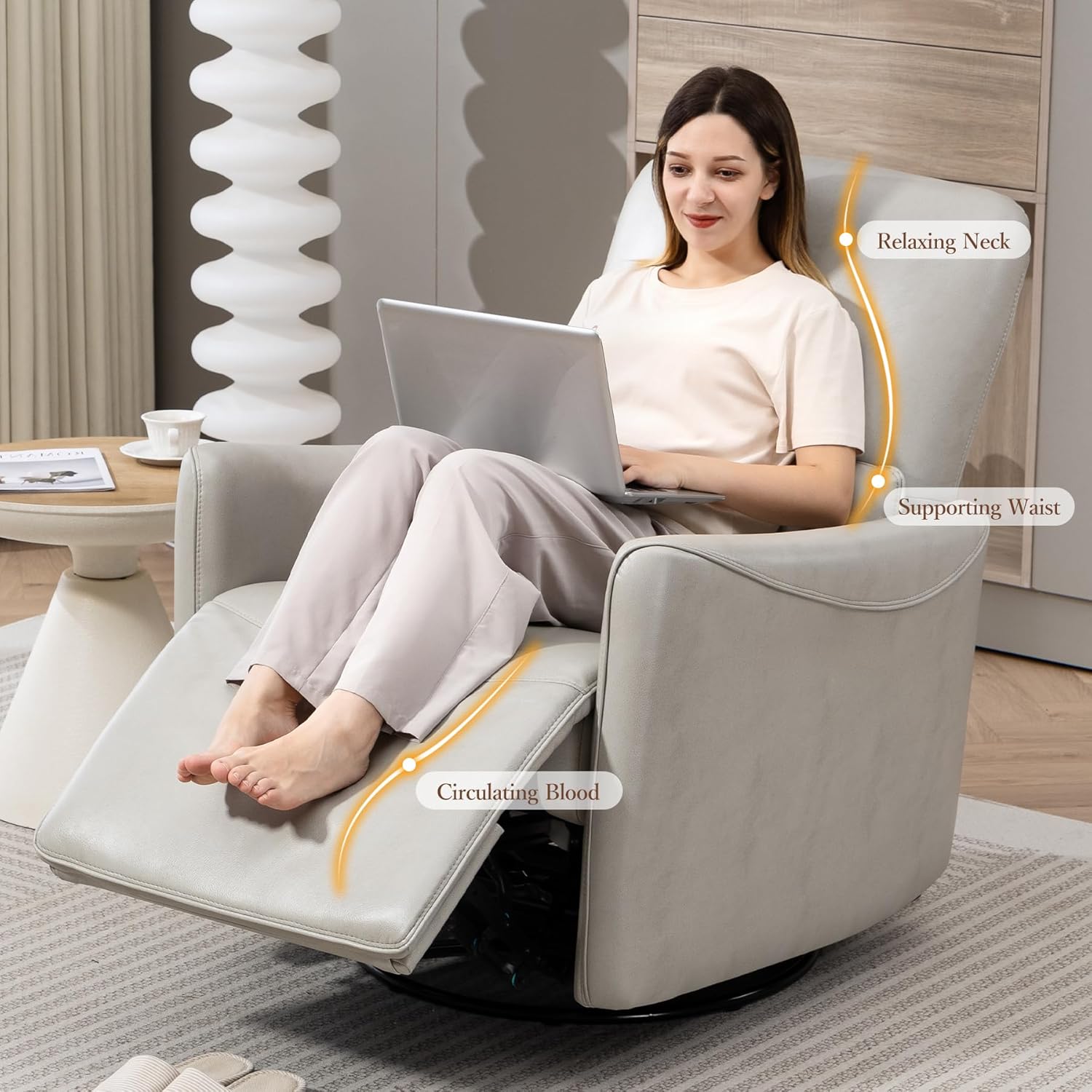 Power Swivel Recliner Chair, Faux Leather Glider Electric Rocking Chair for Adults. Nursery Rocker Single Sofa Chair with Lumbar Support for Living Room. Dual-Port Charging: Type-C&USB, Grey