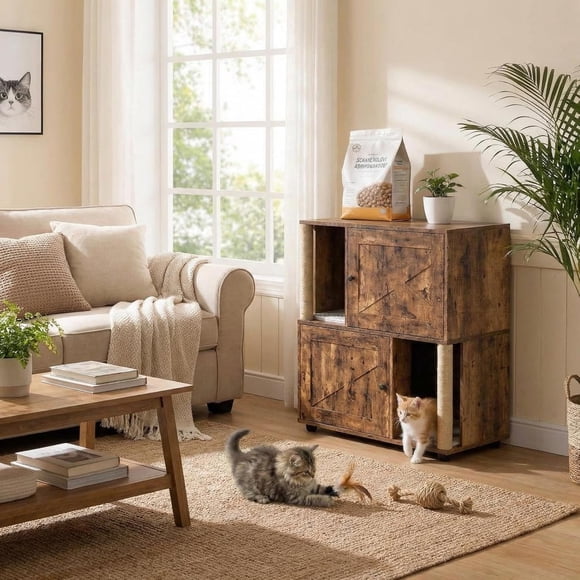 Enclos Double pour Litière de Chat, Meuble de Litière Double à 2 Niveaux avec Poteau à Griffer et Tapis de Litière, Meuble de Litière pour Chat pour 2 Bacs à Litière, Convient à la Plupart des Bacs à Litière, Porte en X Brune