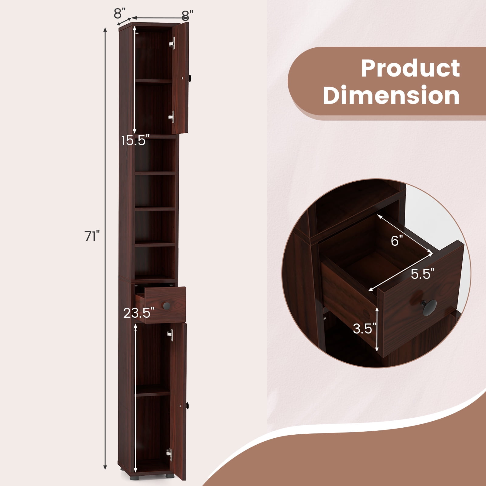 Costway 71" Slim Bathroom Storage Cabinet with 2 Doors 5 Adjustable Shelves 1 Drawer Brown