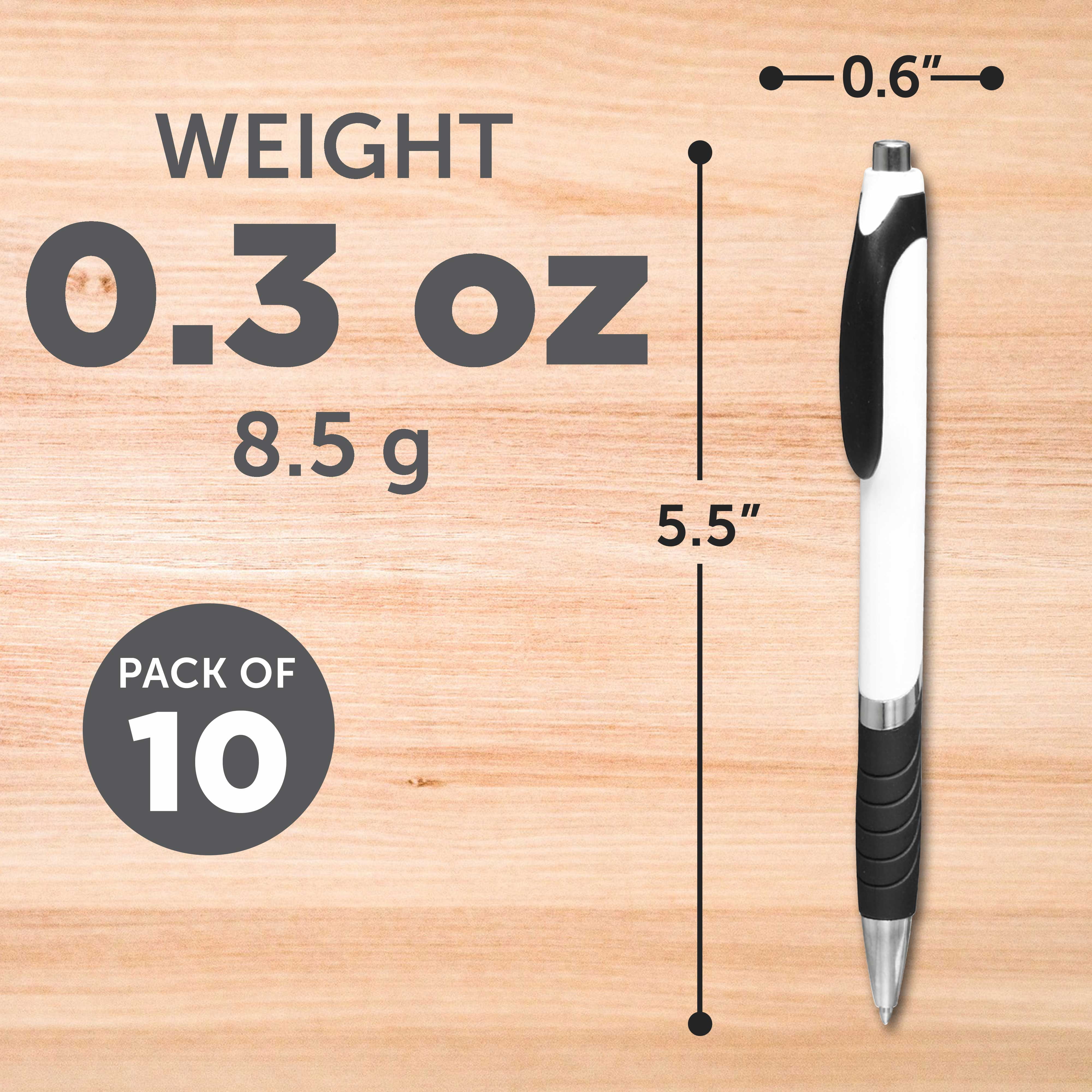 Ballpoint Pens With Rubber Grip - 10 pack - Black Ink Ball Point Pen with Soft Touch Plastic - White