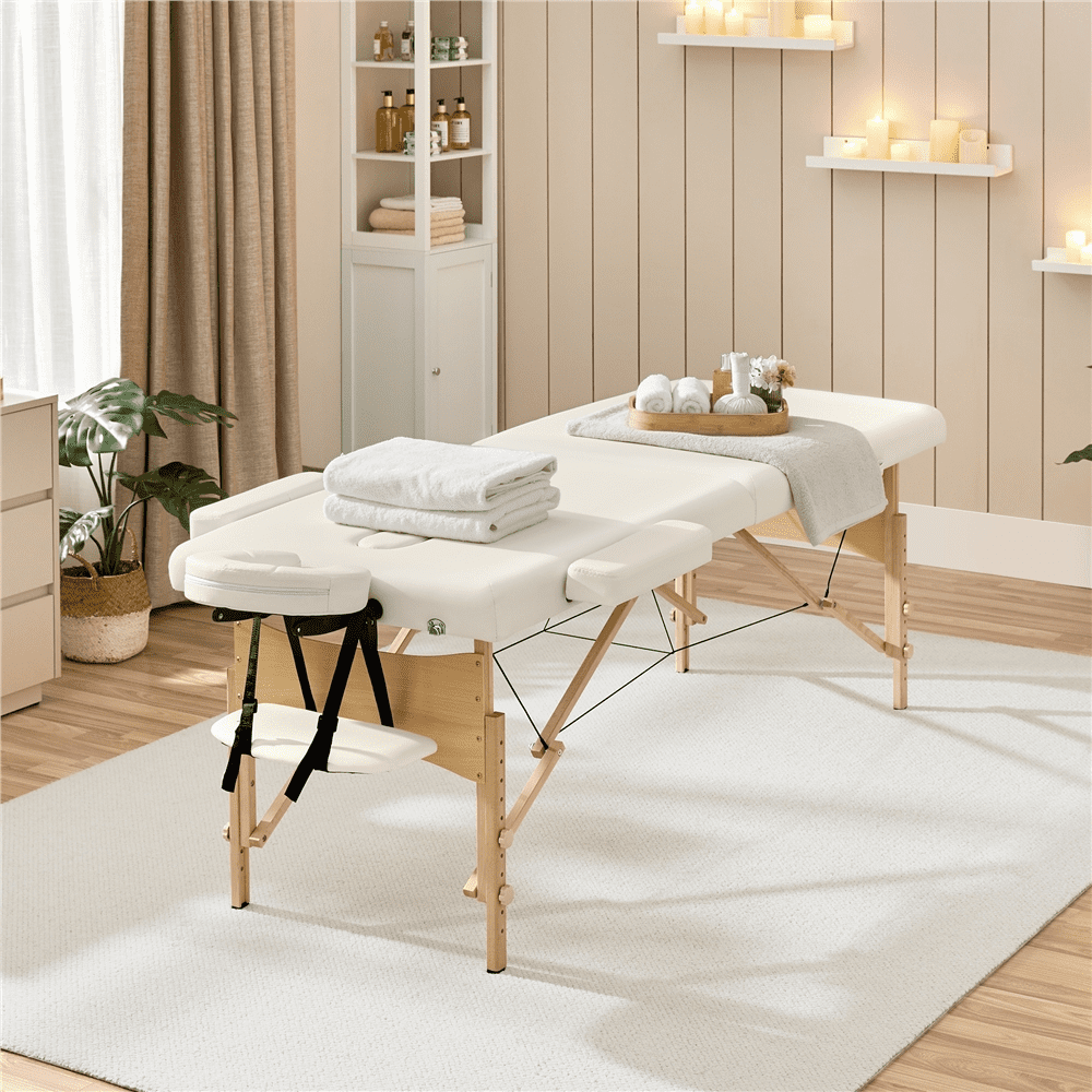 Renwick Portable Folding Massage Table with Face Cradle and Armrests, Cream