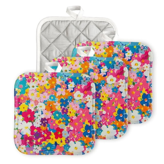 Bahomeck Pot Holder 4Pcs,Colorful Pattern Of Small Flowers In Various Colors Square Heat Resistant Hot Pads For Kitchen Cooking Oven With Hanging Loop Potholder Easy To Store