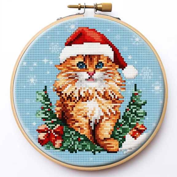 Merry Christmas Cat Stamped Cross Stitch Kits for Beginners Easy with Hoop 11CT Needlepoint Embroidery DIY Counted Cross Stitch Kits Art Craft Wall Decoration 35x35cm(1)