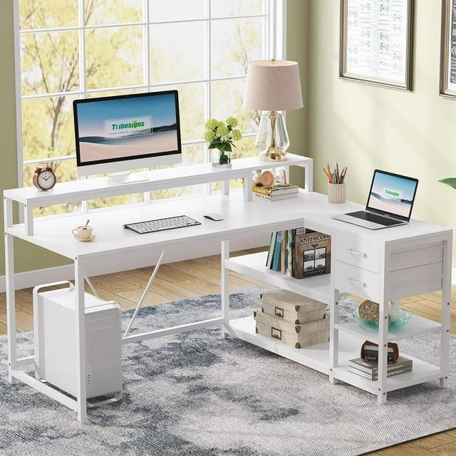 Tribesigns Bureau en L de 55 Pouces, avec Tiroir, Bureau d'Ordinateur d'Angle Moderne Blanc avec Étagères de Rangement et Support pour Moniteur pour Bureau à Domicile