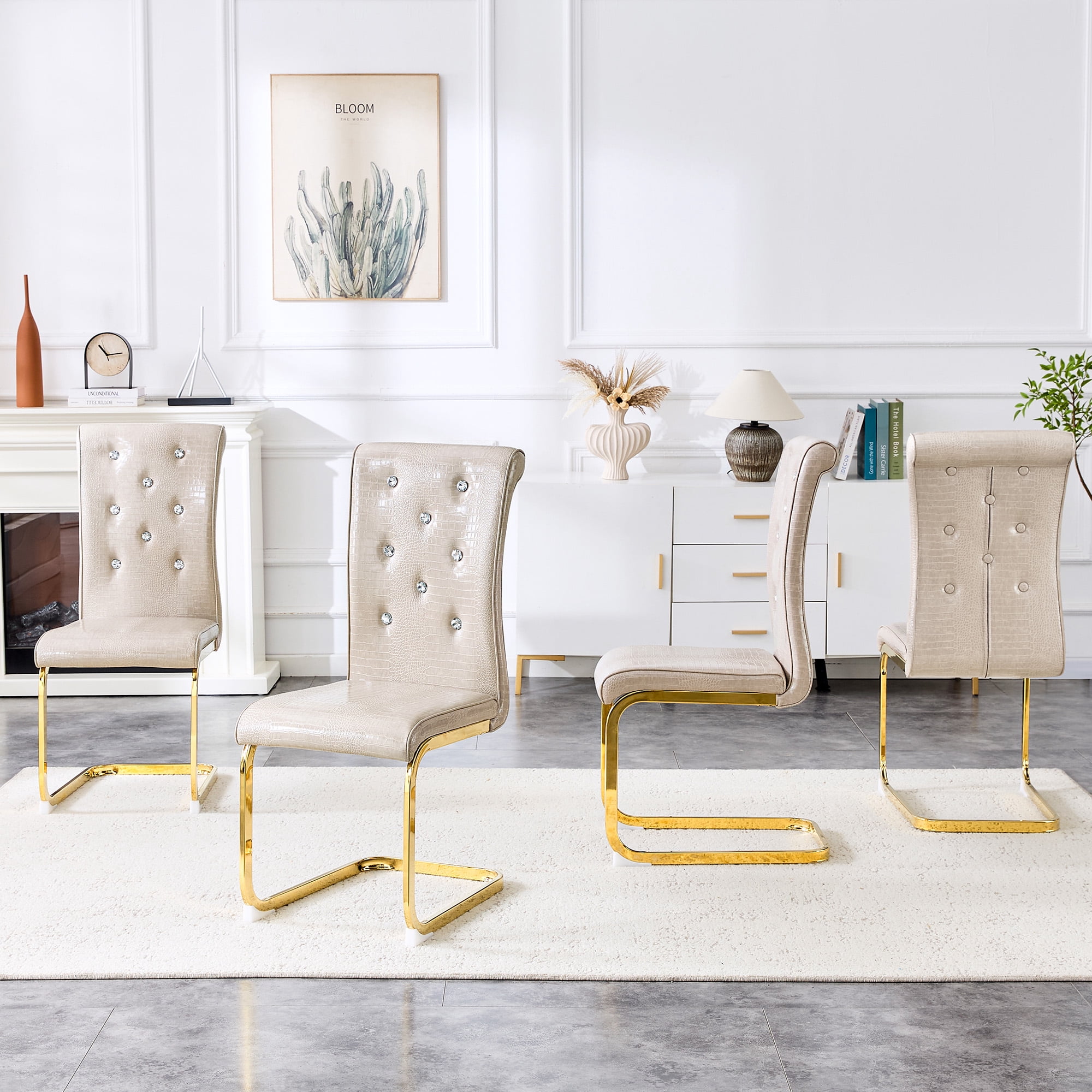Aukfa Modern Dining Chairs Set of 2 , 400 lbs Heavy-Duty Faux Alligator Leather Kitchen Chairs with Crystal Button Tufted High Back,Beige