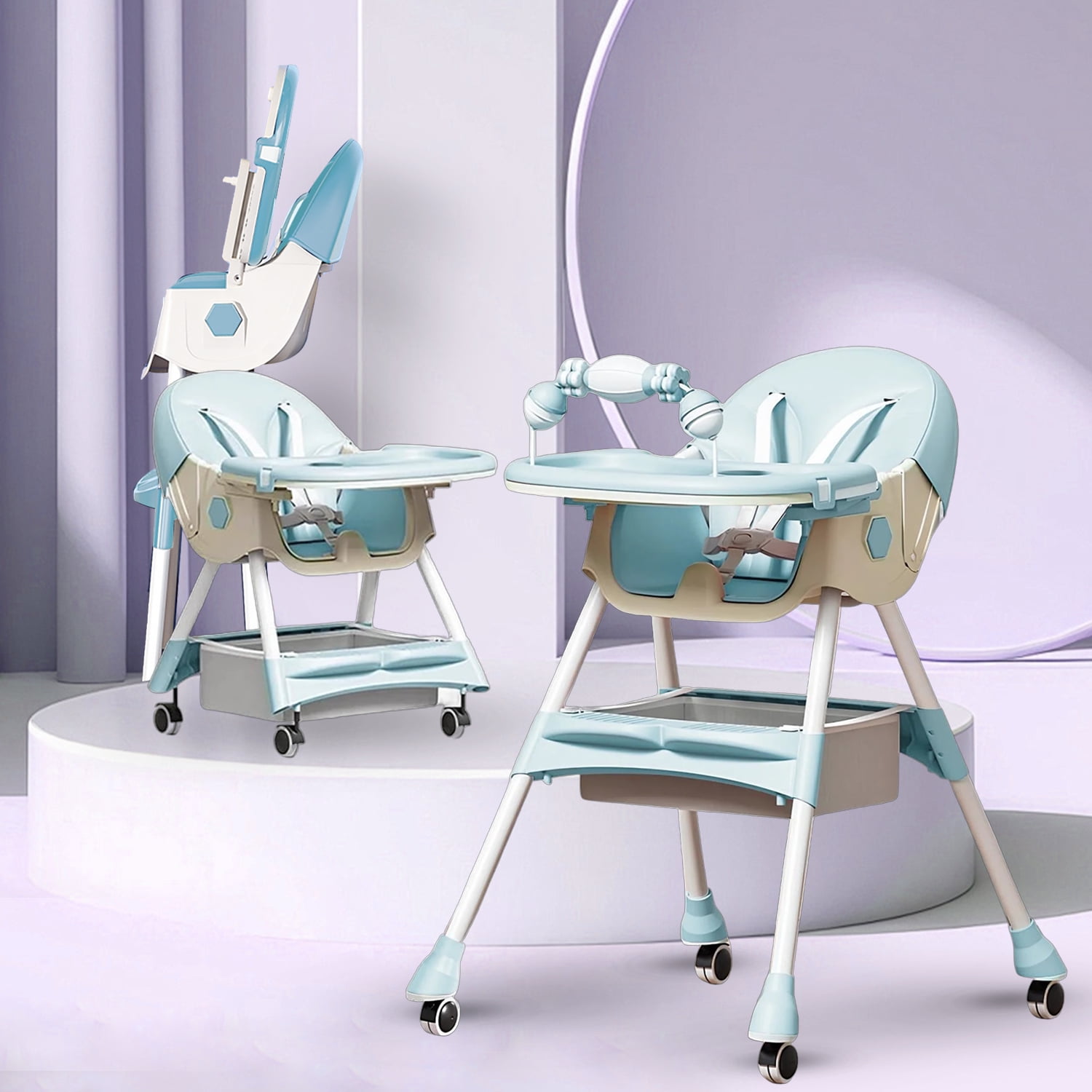 KFeng 4-in-1 Foldable Baby High Chair,Combines Play and Dining,Adjustable Dual-layer Tray and Backrest, Green