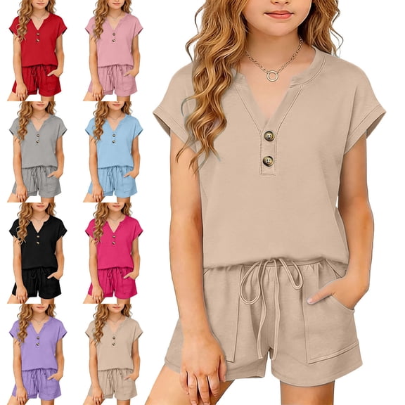 Lumosvexa Girls Short Sleeve Sets 2 Piece, V Neck T-Shirt and Shorts with Pockets Summer Loose Fit Outfits Khaki 10-12