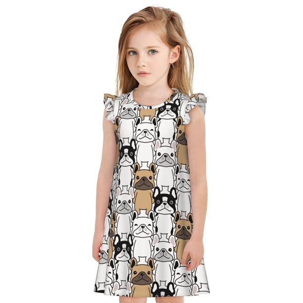Fotbe French Bulldog 2 Vestido de Dormir para Niñas de 3 a 10 Años, Mangas Cortas, Estilo Princesa, Pijama Camisón con Mangas Voladas-Large