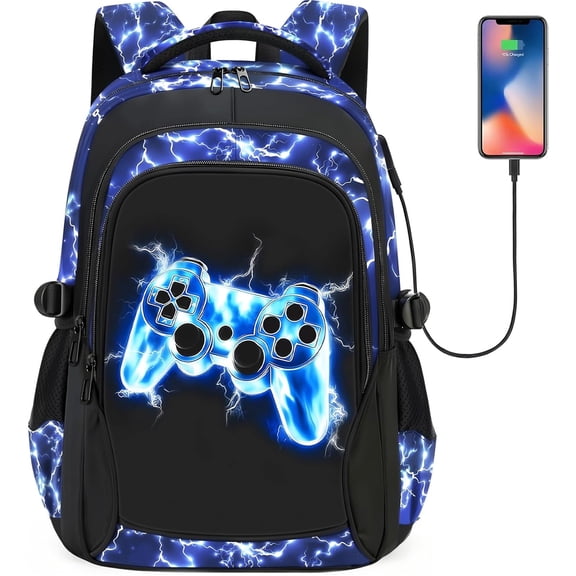 School Backpack for Boys - Gamer Boys Backpack for Kids Teens Elementary Middle School,18" Large Capacity Waterproof Bookbag with Usb Charging Port, Travel Daypack for age 6-18