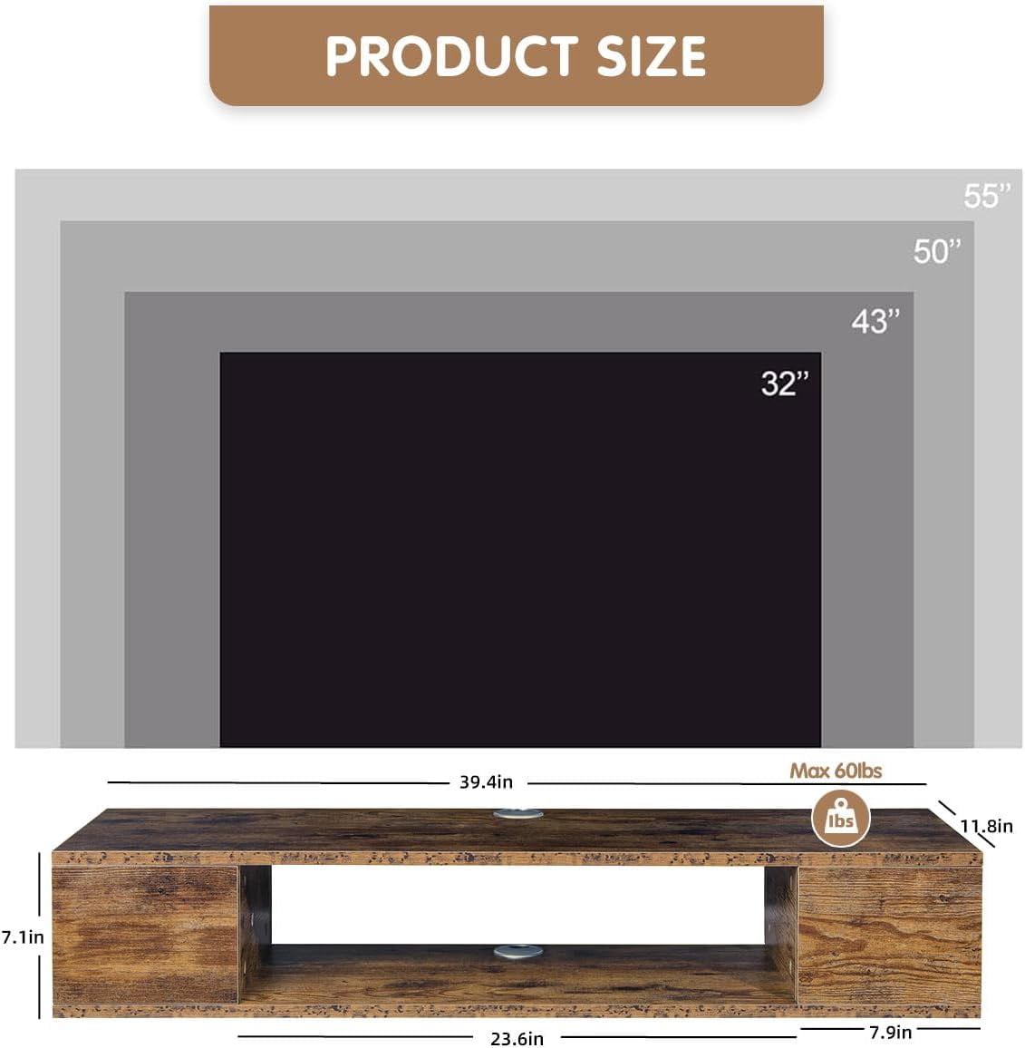 Floating TV Stand, Wall Mounted Entertainment Center and Cabinet Shelf, TV Console with Storage, Media Console for DVD Player, Space-Saving Under TV Shelf for Bedroom (Rustic Brown)