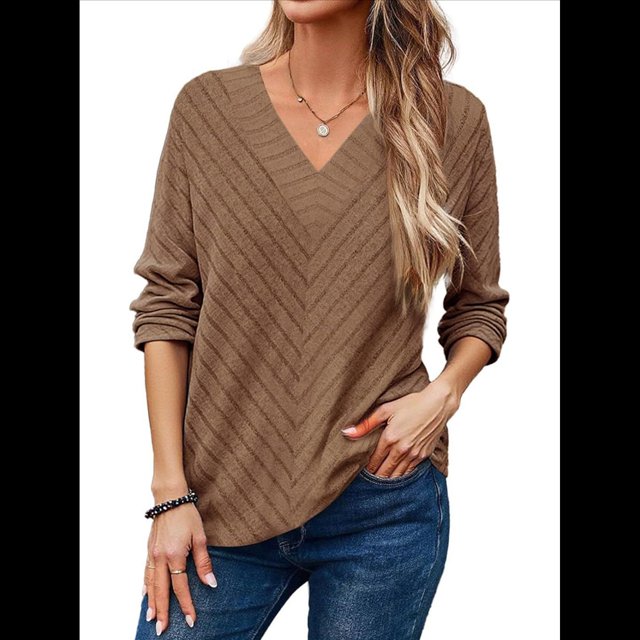 Camisa de Larga de Otoño para Mujer, Cuello en V, Jersey de Punto, Túnica, Camisa Formal Informal para Mujer Caqui S