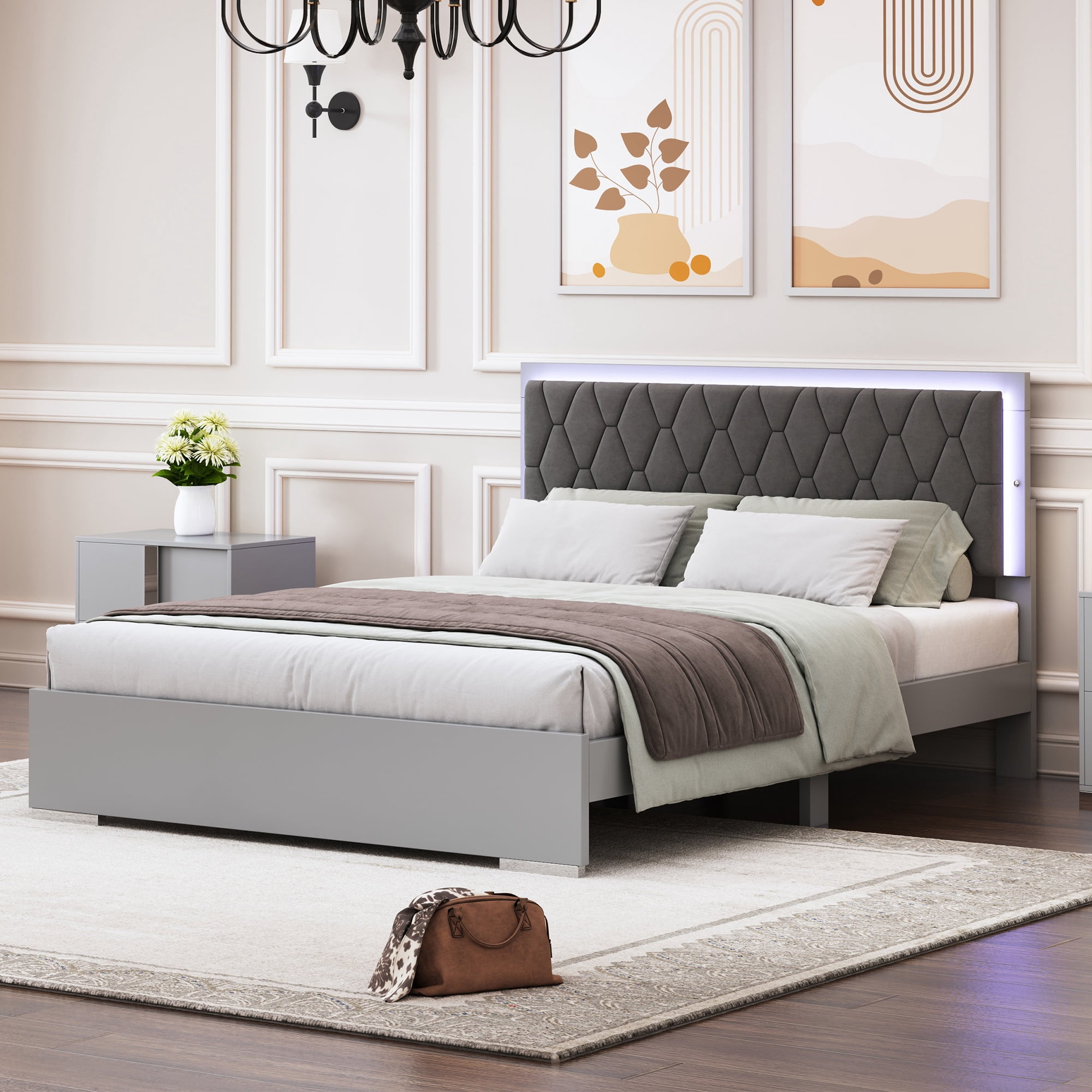 PORKISS Queen Size Bed Frame, Modern Upholstered Bed with LED Light, Wood Platform Bed with with Velvet Headboard, Grey