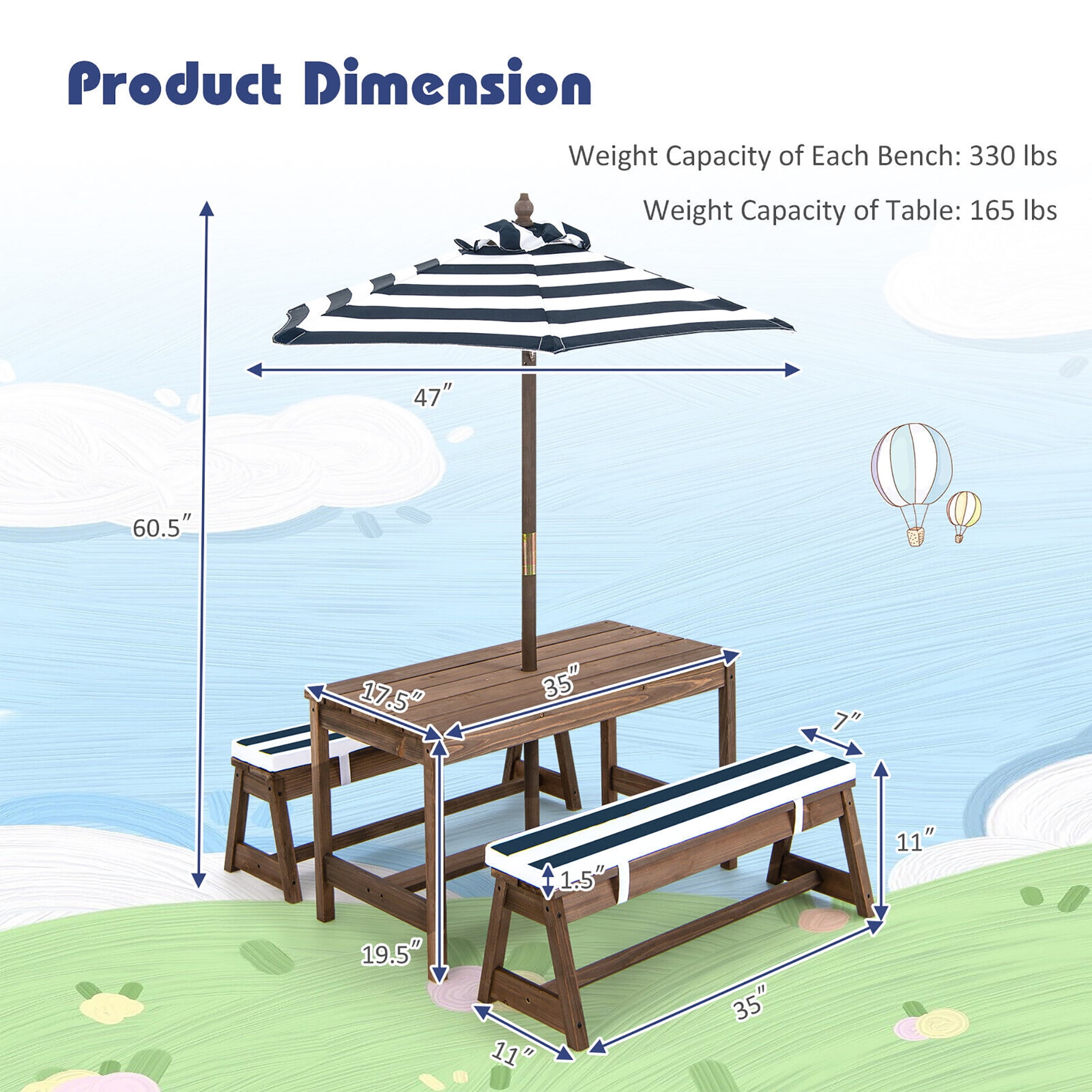 Gymax Kids Wood Picnic Table and Bench Set w/ Cushions Umbrella for Indoor Outdoor Blue