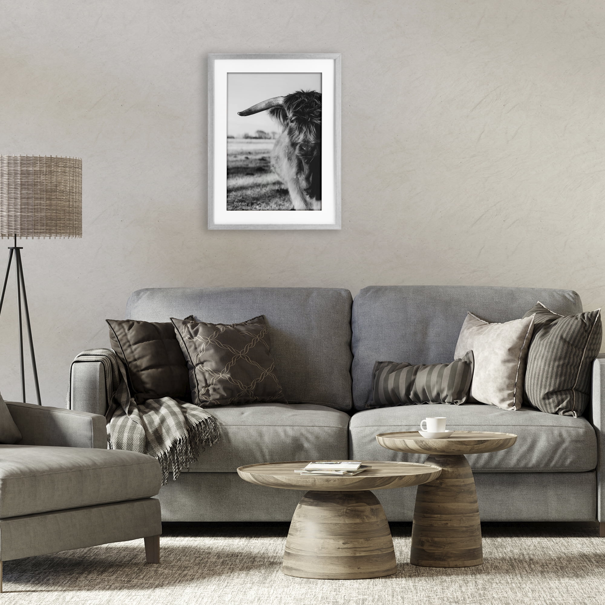 Stupell Industries Baby Cattle in Monochrome Gray Framed Print Under Glass, design by Dakota Diener