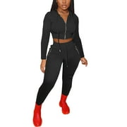 Women 2 Piece Outfits Long Sleeve Zip Hoodie Tops +High Waist Bodycon Long Pants Sportwear Set