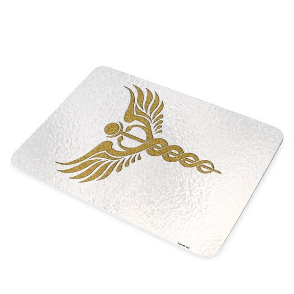 KuzmarK Glass Cheese Cutting Board 11"x7.75" - Caduceus Staff Gold Sparkle