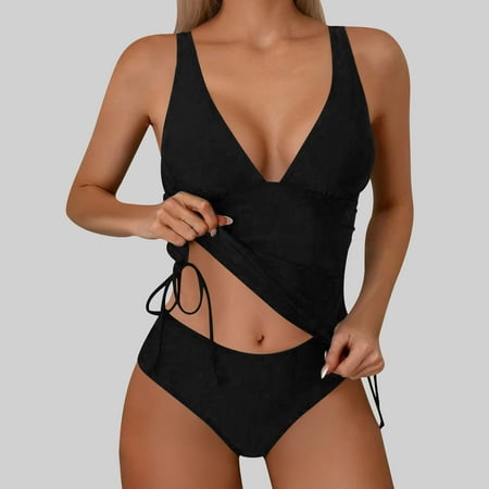 Aobny Seamless Women s Swimsuit Sets Black 2 Piece Slimming Swimwear Sets Longline Bikini Tankinis Sexy Bottoms L