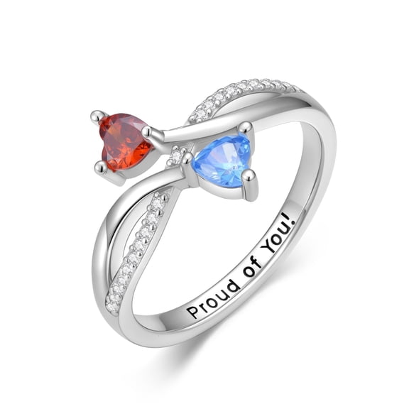 925 Sterling Silver Double Heart Birthstone Ring - Zircon Garnet & Aquamarine “Proud of You” Engraved Ring, Hypoallergenic Adjustable Jewelry for Women, Christmas Birthday Gifts for Mom Wife (8#)