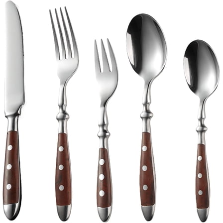 Yardly 20-Piece Silver Flatware Sets with Wood Grain Handles