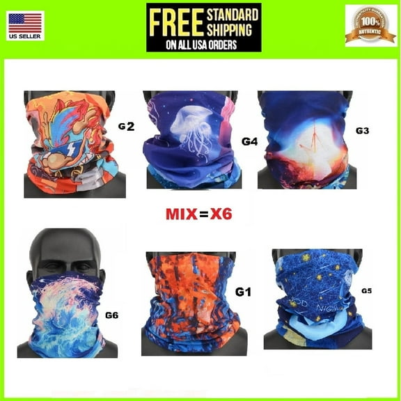 6 PACK 3d color Paisley Gaiter Tube Bandana Head Neck Scarf Motorcycle Bike Face Mask, Multicolor