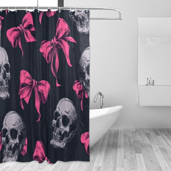 Hot Pink Bows with Skulls Shower Curtains with 12 Hooks Waterproof Bathroom Decor 66" x 72"