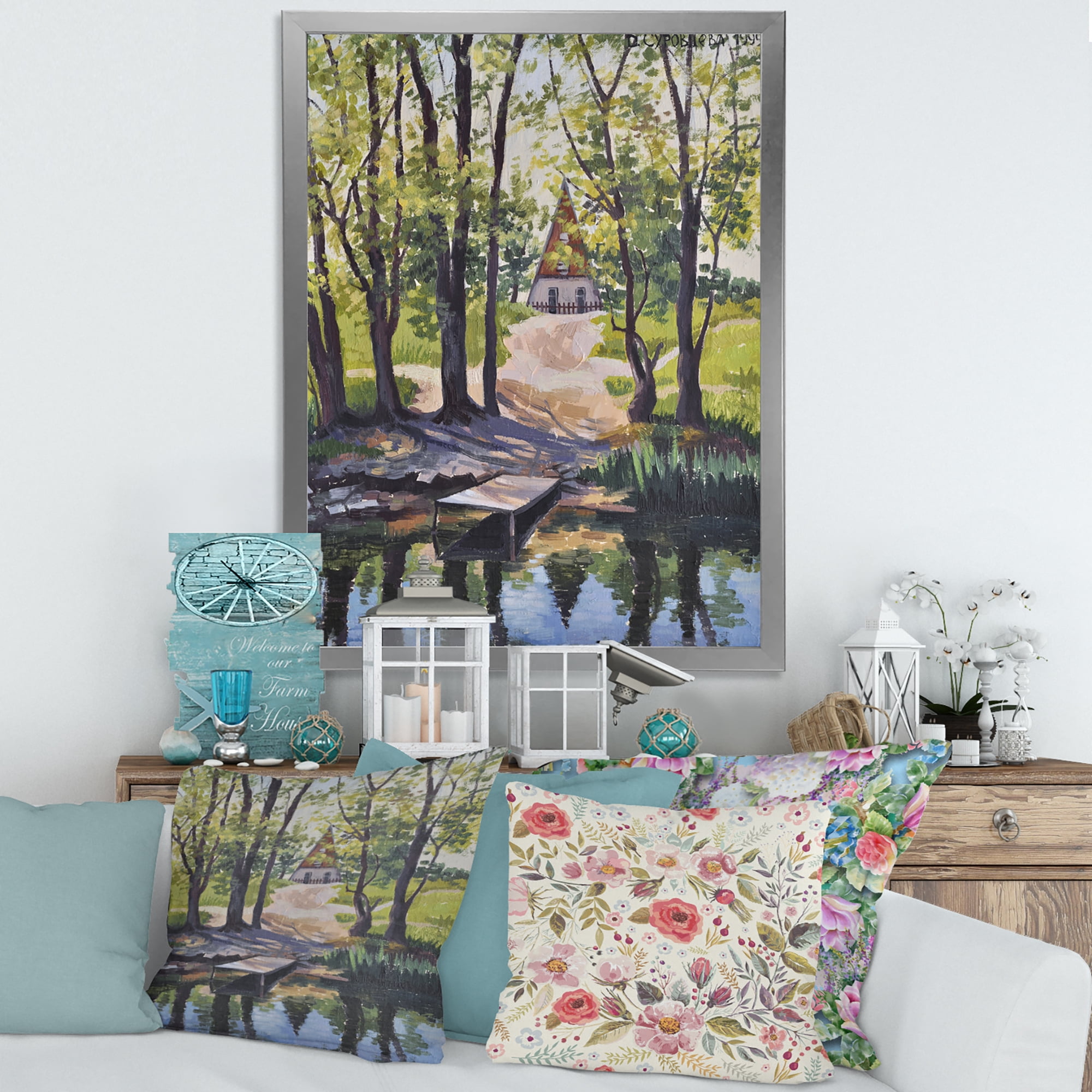Designart 'Mysterious Countryside House By The River In The Woods' Lake House Framed Art Print