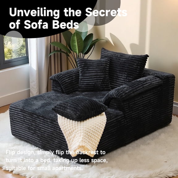 61'' Oversized Chaise Lounge Chair Indoor Cloud Plush Corduroy Floor Sofa Bed with 3 Pillow,No Assembly for Living Room, Black
