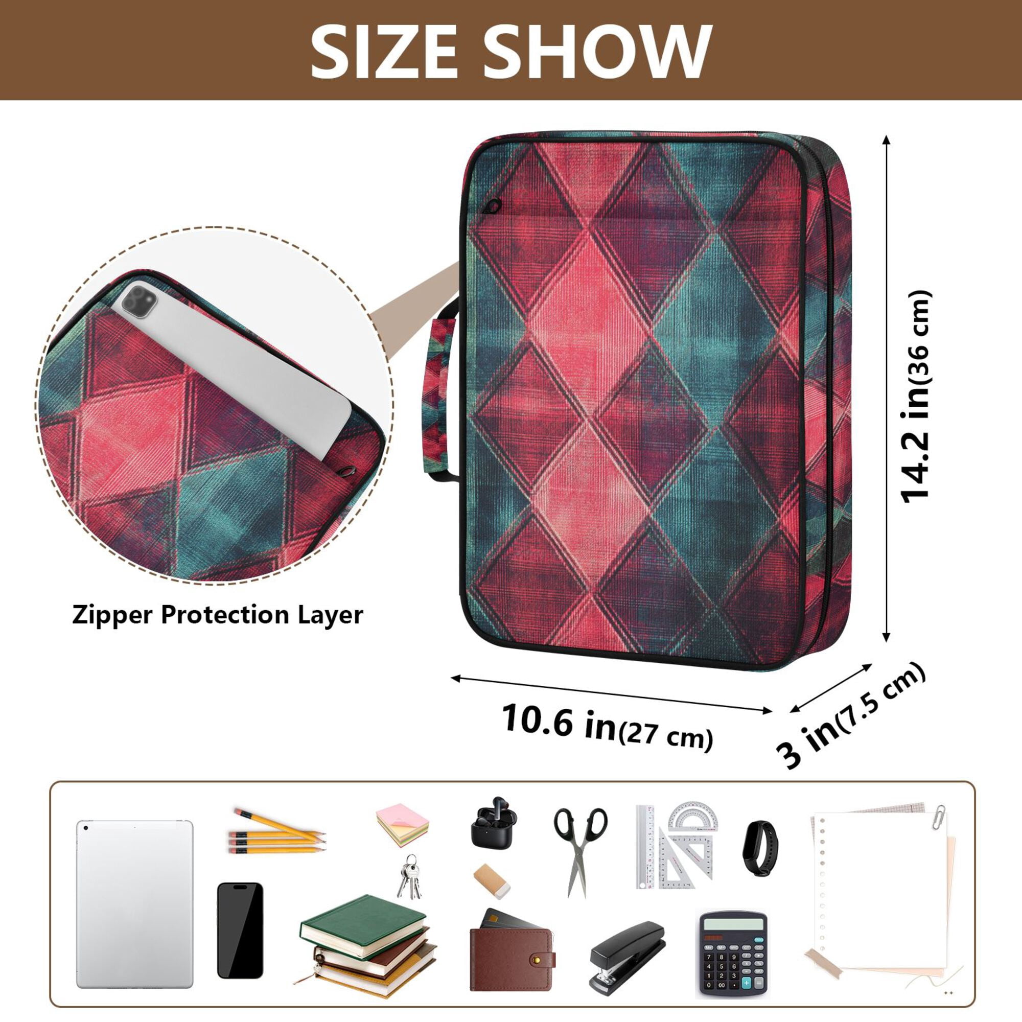 FORMRS Accordion File Folder A4 Size 7-Pocket Expanding Document Organizer Bag with 3 Ring Binder, Vibrant Green Tartan Pattern