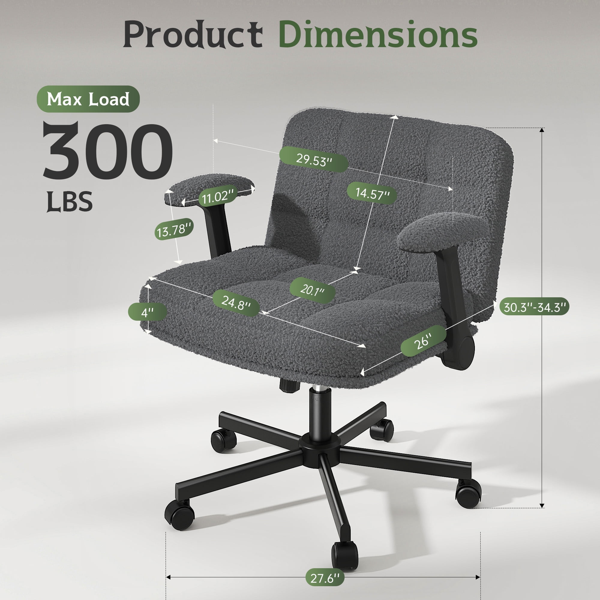 Romorgniz Criss Cross Chair with Flip-up Arms & Wheels Desk Chair with Adjustable Height & Teddy Plush Fabric for Bedroom, Home Office Desk, Vanity, Gray