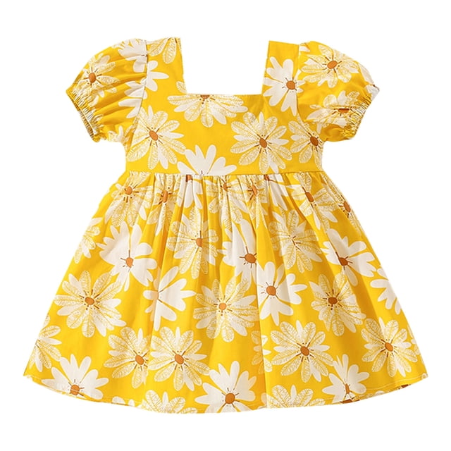 WEAIXIMIUNG Robe Pull pour Filles 10-12 Ans Robe à Manches Courtes avec Nœud Imprimé Floral Volants Robe de Danse Fête Vêtements 2-3 Ans
