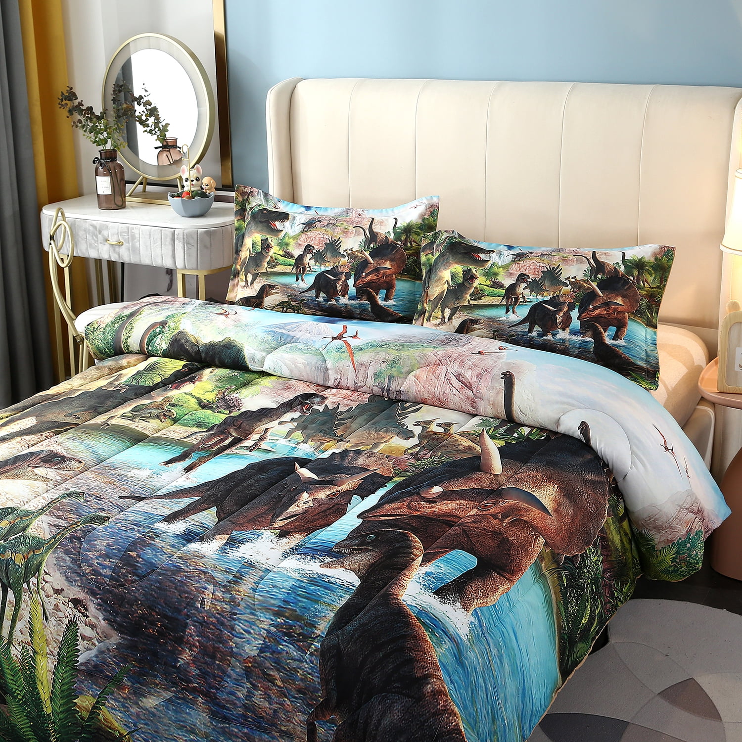 URBONUR Dinosaur Boys Bedding Set Twin Size 3D Digtal Dinosaur Print Comforter Set with Pillowcases, 3 Pieces Soft Reversible Bed Sets for Toddlers/Teens