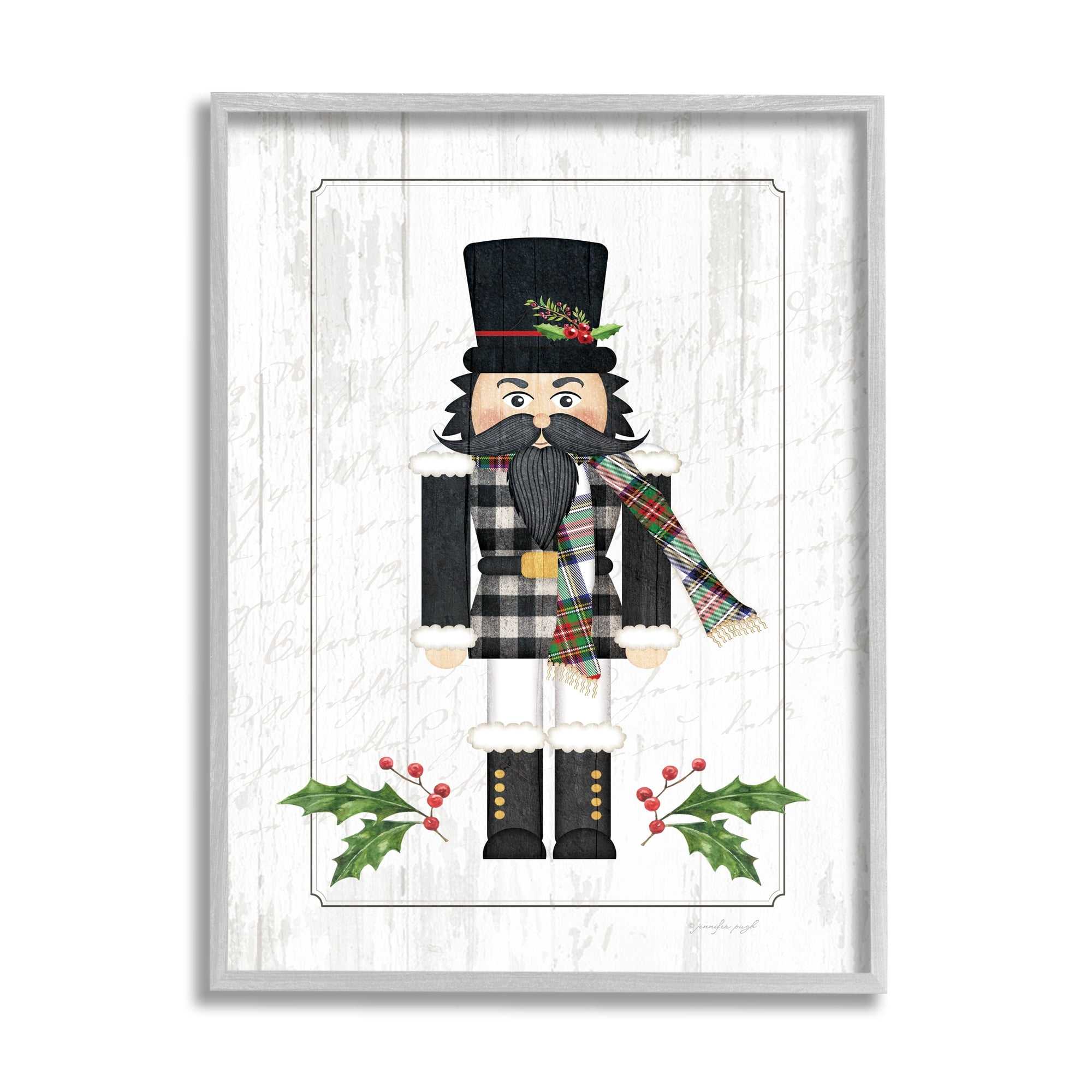 Stupell Industries Christmas Holly Nutcracker Winter Plaid Coat Graphic Art Gray Framed Art Print Wall Art, 11x14, by Jennifer Pugh